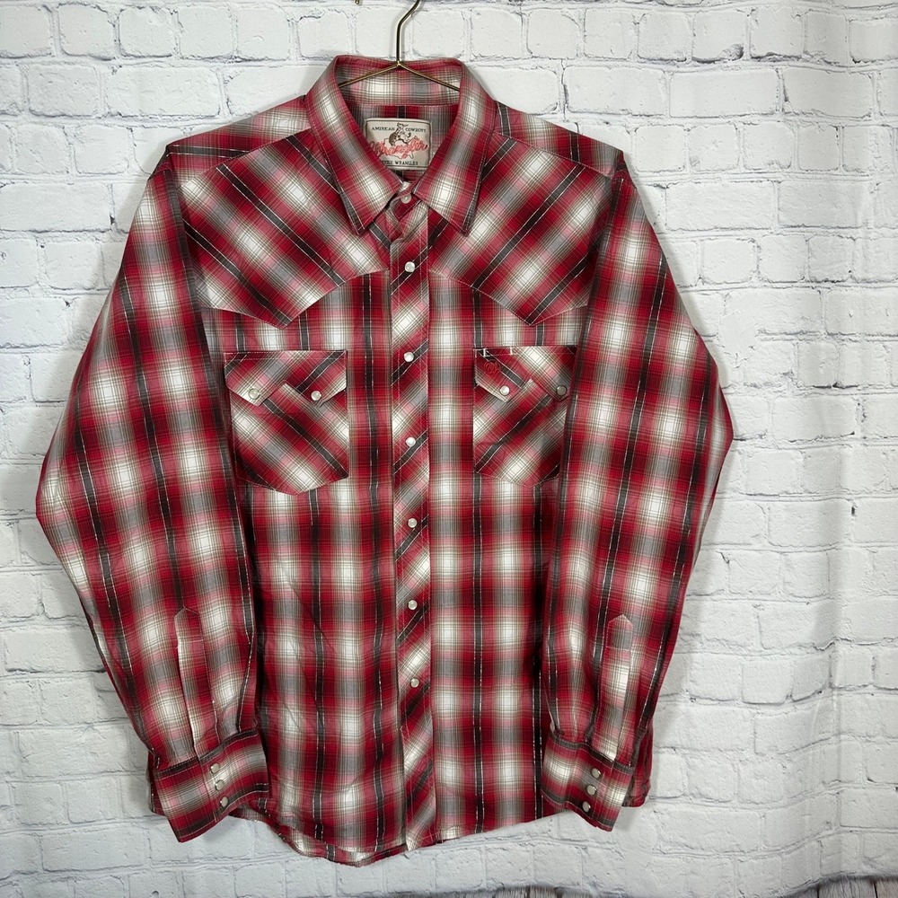 Wrangler American Cowboys Mens Red Plaid Pearl Snap Western Shirt Metallic XL